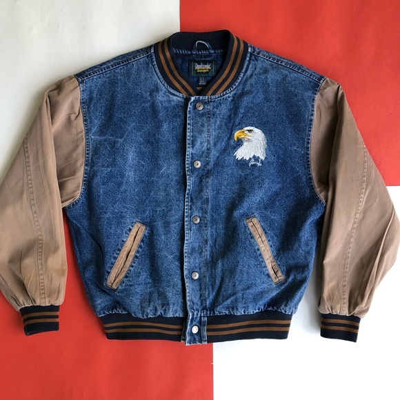 denim varsity jacket with khaki sleeves